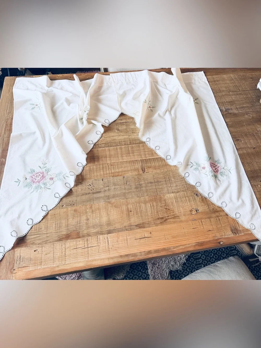 Set (2) Vintage Embroidered Floral Cottagecore Valances. Ecru | Cross Stitched